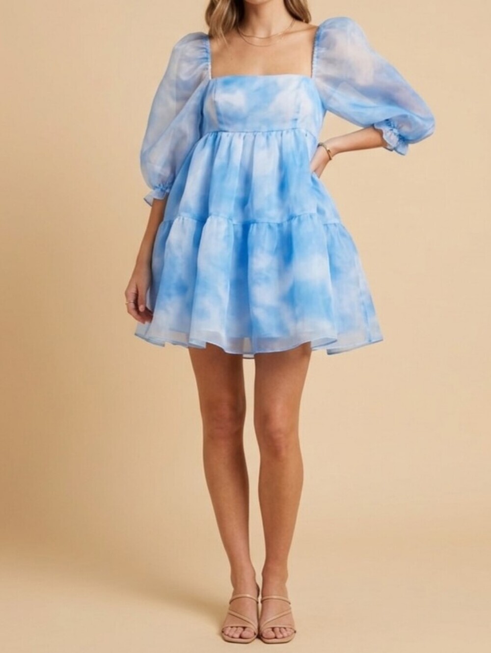 O.P.T Blue Puff-Sleeve Tiered Mini Dress Size M.